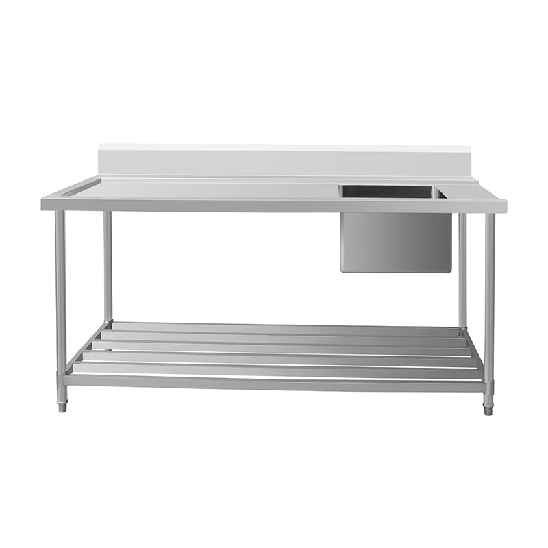 Kitchen Knock Inlet Bench - Single Sink with Splashback & Pipe Undershelf Inlet & Sink on Right / 700 / ASSD-1570R 1500 x 700 x 900 + 150mm