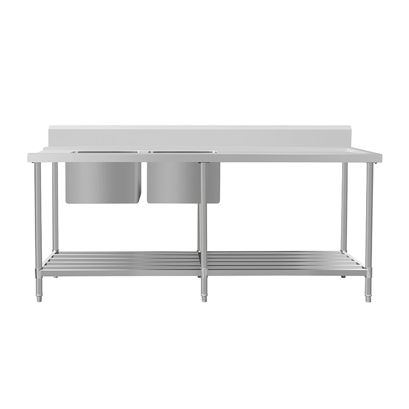 Kitchen Knock Inlet Bench - Double Sink with Splashback & Pipe Undershelf Inlet & Sink on Left / 700 / ASDD-1870L 2100 x 700 x 900 + 150mm