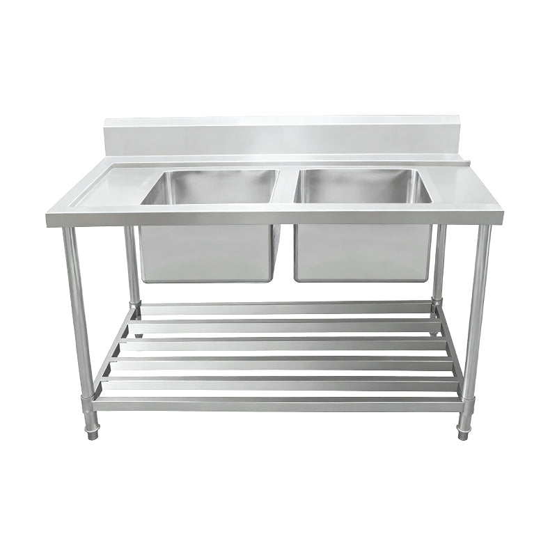 Kitchen Knock Inlet Bench - Double Sink with Splashback & Pipe Undershelf Inlet & Sink on Right / 750 / ASDD-1570R 1800 x 750 x 900 + 150mm