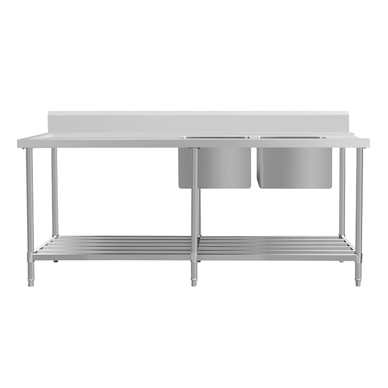Kitchen Knock Inlet Bench - Double Sink with Splashback & Pipe Undershelf Inlet & Sink on Right / 700 / ASDD-1870R 2100 x 700 x 900 + 150mm