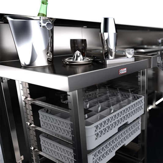 700 Series - 650mm Wide 
Single Bar with Basket Rack
Includes: 200mm upstand & glass/dishwash basket rack below