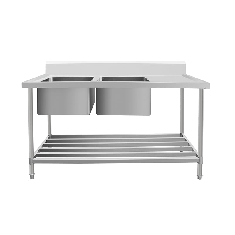 Kitchen Knock Work Bench - Double Sink with Pipe Undershelf ASD-2170C / Center Sink / 700 2100 x 700 x 900 + 150mm