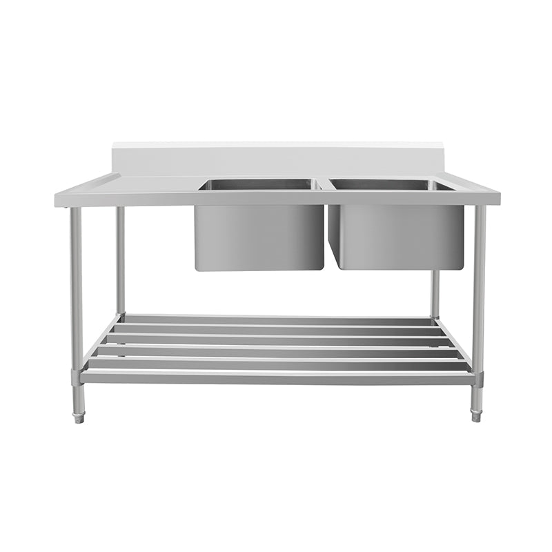 Kitchen Knock Work Bench - Double Sink with Pipe Undershelf ASD-2460R / Right Sink / 600 2400 x 600 x 900 + 150mm