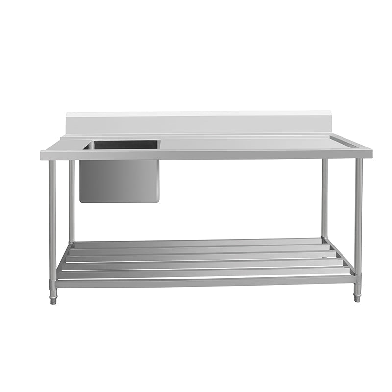 Kitchen Knock Inlet Bench - Single Sink with Splashback & Pipe Undershelf Inlet & Sink on Left / 700 / ASSD-1270L 1200 x 700 x 900 + 150mm