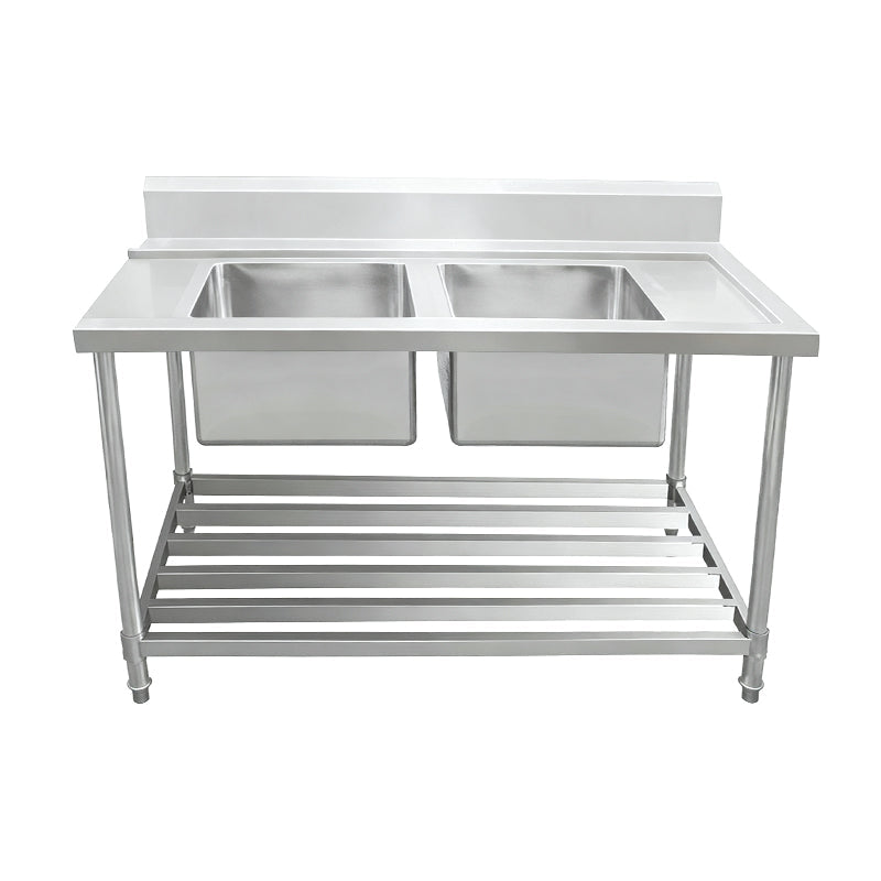 Kitchen Knock Inlet Bench - Double Sink with Splashback & Pipe Undershelf Inlet & Sink on Left / 700 / ASDD-1270L 1500 x 700 x 900 + 150mm