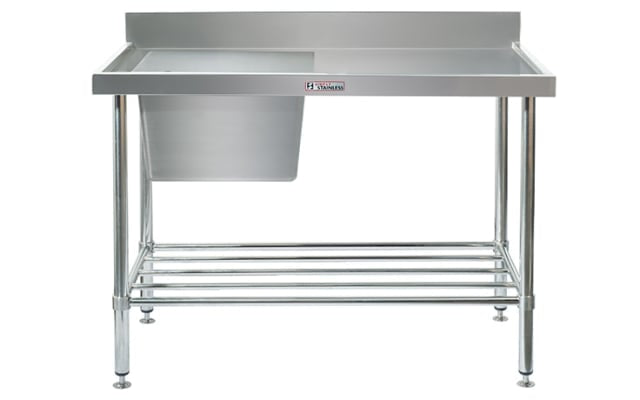 Simply Stainless Single Sink Bench with Splashback - Left Bowl Includes undershelf 1200x600x900 SS05.1200L