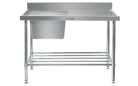 Simply Stainless Single Sink Bench with Splashback - Left Bowl Includes undershelf 1800x600x900 SS05.1800L