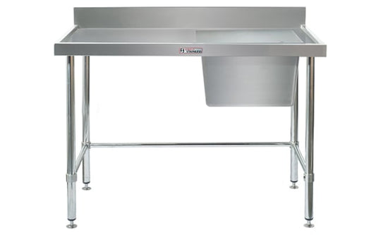 Simply Stainless Single Sink Bench with Splashback - Right Bowl Includes Leg Brace 1200x600x900 SS05.1200RLB
