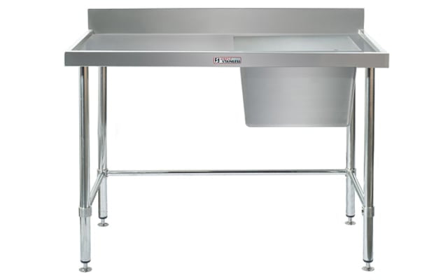 Simply Stainless Single Sink Bench with Splashback - Right Bowl Includes Leg Brace 1200x700x900 SS05.7.1200RLB