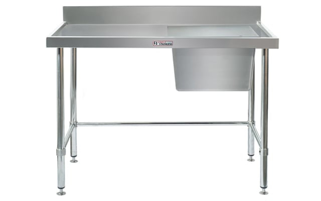 Simply Stainless Single Sink Bench with Splashback - Right Bowl Includes Leg Brace 2100x600x900 SS05.2100RLB