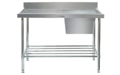 Simply Stainless Single Sink Bench with Splashback - Right Bowl Includes undershelf 1200x600x900 SS05.1200R