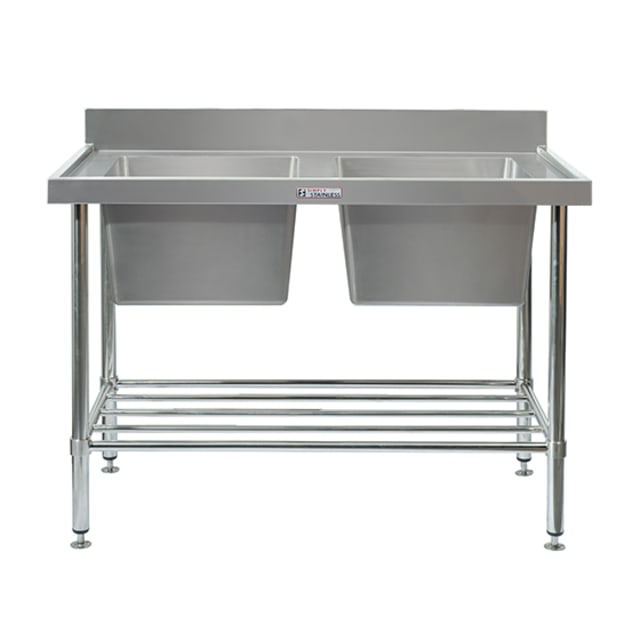 Simply Stainless Double Sink Bench with Splashback Includes undershelf 1200x600x900 SS06.1200
