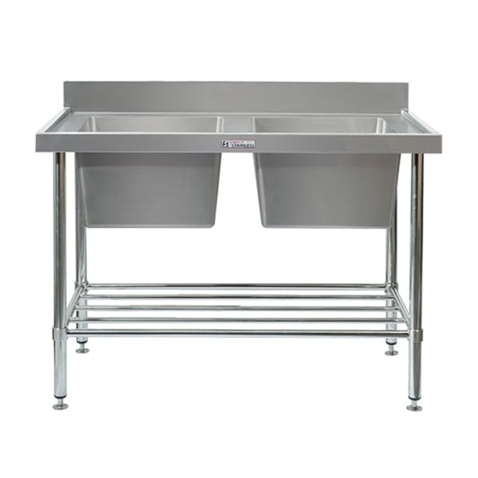 Simply Stainless Double Sink Bench with Splashback Includes undershelf 2400x600x900 SS06.2400